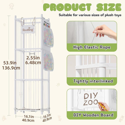Stuffed Animal Storage & Organizer, 54 inch Tall Wooden Cute Zoo Toy Holder w/Building Block Storage Bag, Premium Wooden Material with Elastic Cord For Toddler Rooms, Playrooms & Bedrooms
