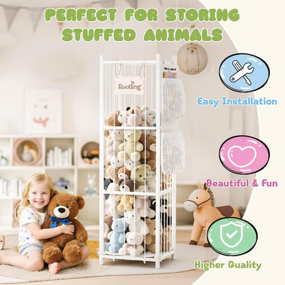 Stuffed Animal Storage & Organizer, 54 inch Tall Wooden Cute Zoo Toy Holder w/Building Block Storage Bag, Premium Wooden Material with Elastic Cord For Toddler Rooms, Playrooms & Bedrooms
