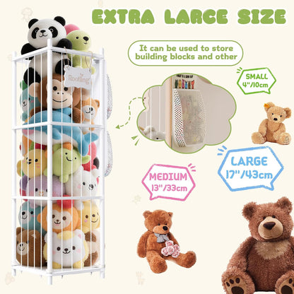Stuffed Animal Storage & Organizer, 54 inch Tall Wooden Cute Zoo Toy Holder w/Building Block Storage Bag, Premium Wooden Material with Elastic Cord For Toddler Rooms, Playrooms & Bedrooms