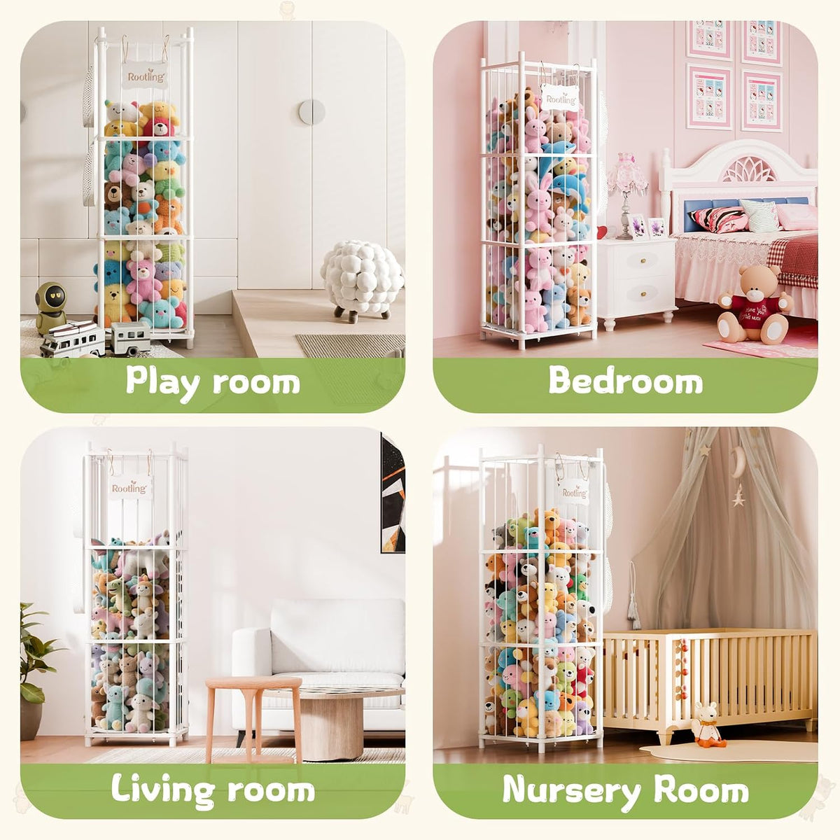 Stuffed Animal Storage & Organizer, 54 inch Tall Wooden Cute Zoo Toy Holder w/Building Block Storage Bag, Premium Wooden Material with Elastic Cord For Toddler Rooms, Playrooms & Bedrooms