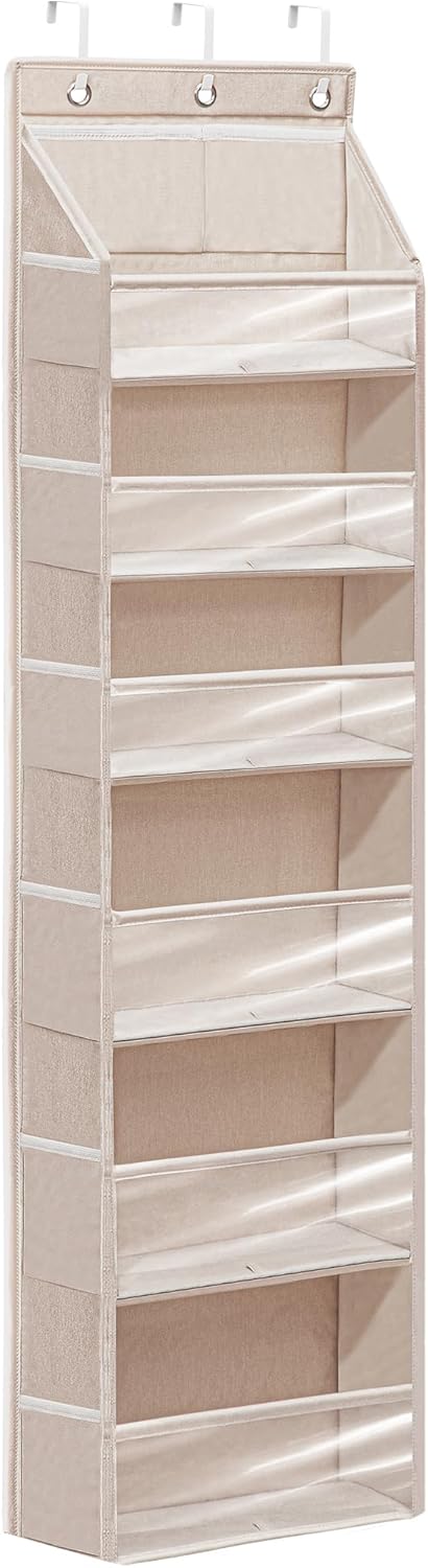 Over Door Organizer with 6 Extra Large Pockets and 12 Side Pockets, Large Capacity Hanging Storage Organizer with Clear Window for Shoes, Diapers, Beige, 6 Layers