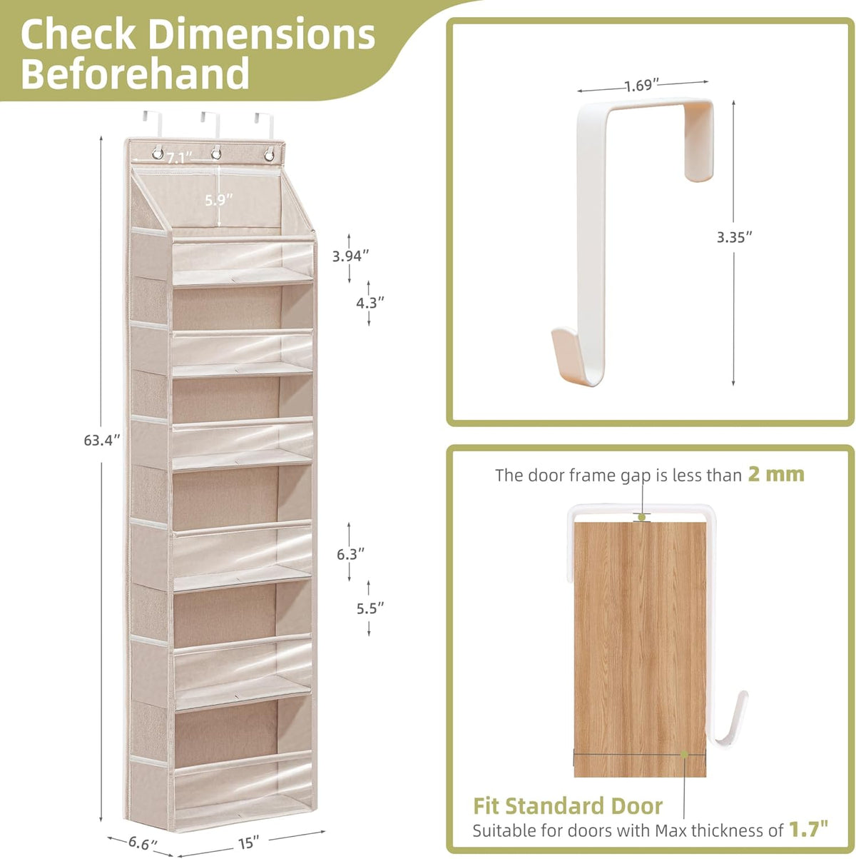 Over Door Organizer with 6 Extra Large Pockets and 12 Side Pockets, Large Capacity Hanging Storage Organizer with Clear Window for Shoes, Diapers, Beige, 6 Layers