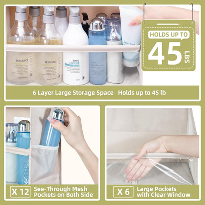 Over Door Organizer with 6 Extra Large Pockets and 12 Side Pockets, Large Capacity Hanging Storage Organizer with Clear Window for Shoes, Diapers, Beige, 6 Layers
