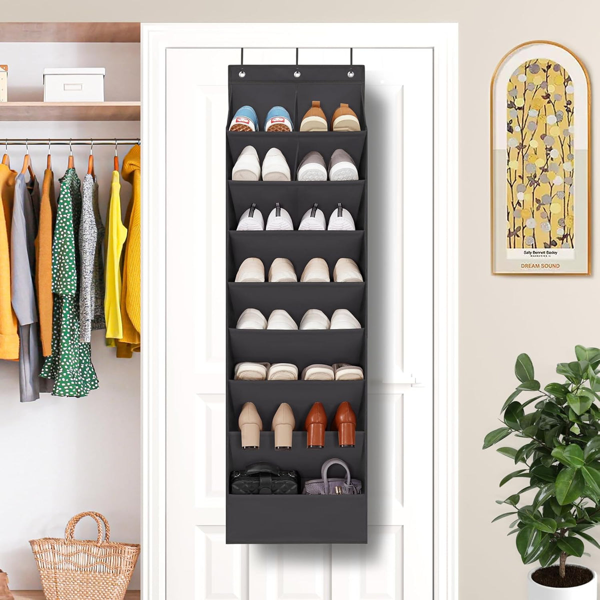 Over Door Organizer with 6 Extra Large Pockets and 12 Side Pockets, Large Capacity Hanging Storage Organizer with Clear Window for Shoes, Diapers, Beige, 6 Layers