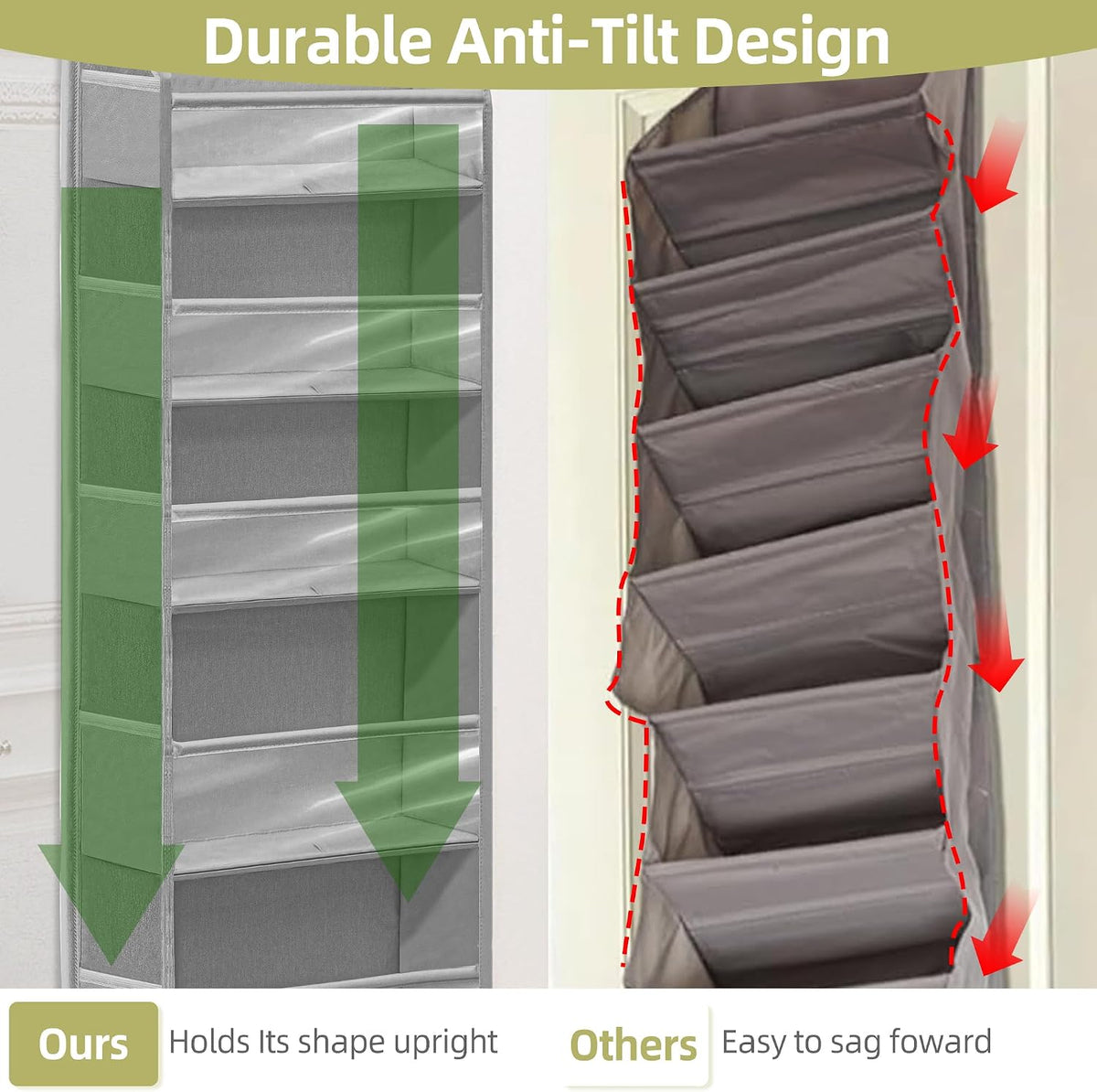 Over Door Organizer with 6 Extra Large Pockets and 12 Side Pockets, Large Capacity Hanging Storage Organizer with Clear Window for Shoes, Diapers, Beige, 6 Layers