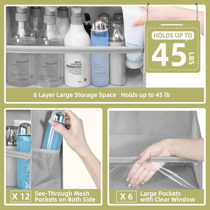 Over Door Organizer with 6 Extra Large Pockets and 12 Side Pockets, Large Capacity Hanging Storage Organizer with Clear Window for Shoes, Diapers, Beige, 6 Layers