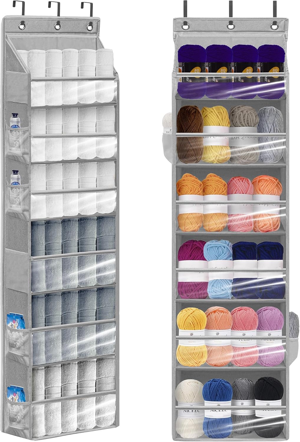 Over Door Organizer with 6 Extra Large Pockets and 12 Side Pockets, Large Capacity Hanging Storage Organizer with Clear Window for Shoes, Diapers, Beige, 6 Layers