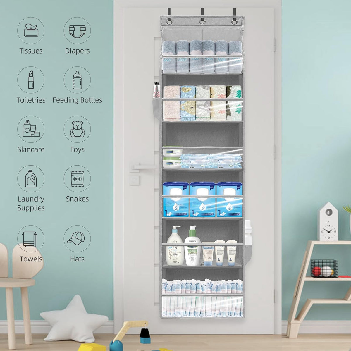 Over Door Organizer with 6 Extra Large Pockets and 12 Side Pockets, Large Capacity Hanging Storage Organizer with Clear Window for Shoes, Diapers, Beige, 6 Layers