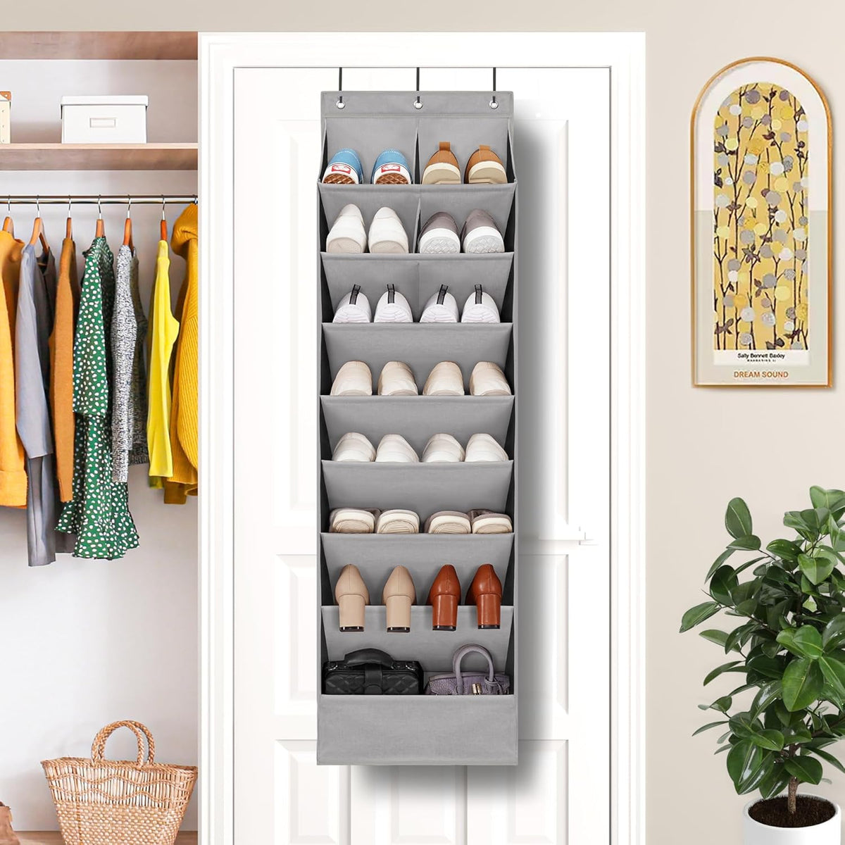 Over Door Organizer with 6 Extra Large Pockets and 12 Side Pockets, Large Capacity Hanging Storage Organizer with Clear Window for Shoes, Diapers, Beige, 6 Layers