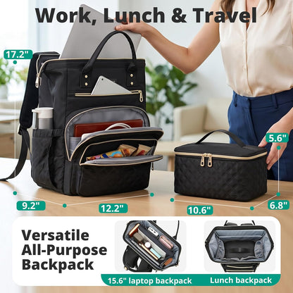 AIJIEKE Lunch Backpack for Women, 15.6 Laptop Backpack, Lunch Box, Gray