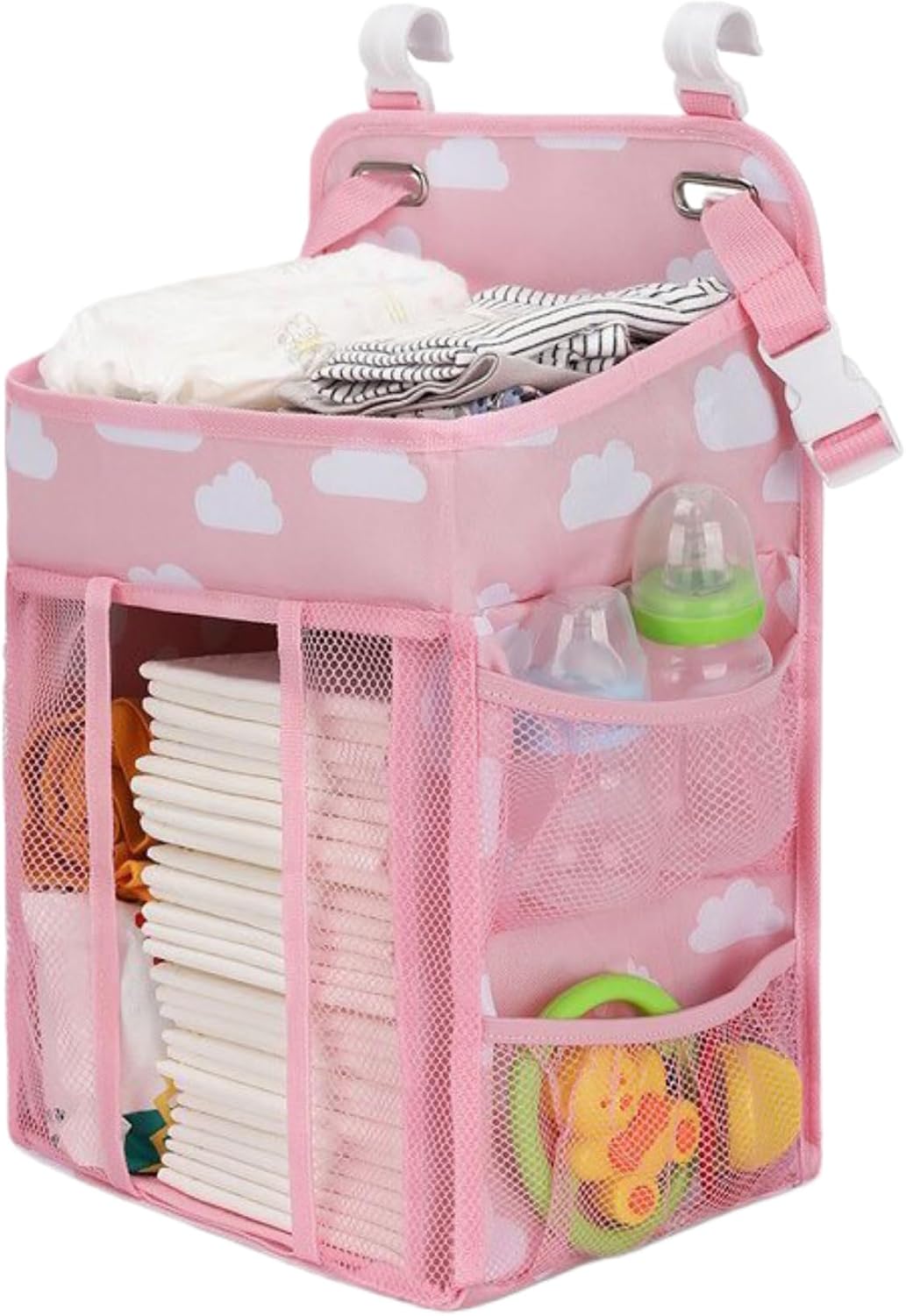 Diaper Caddy Holder, Large Capacity Hanging Diaper Organizer for Changing Table, Crib & Wall, Baby Room Storage with Pockets for Diapers, Wipes, Toys, Baby Essentials (pink)