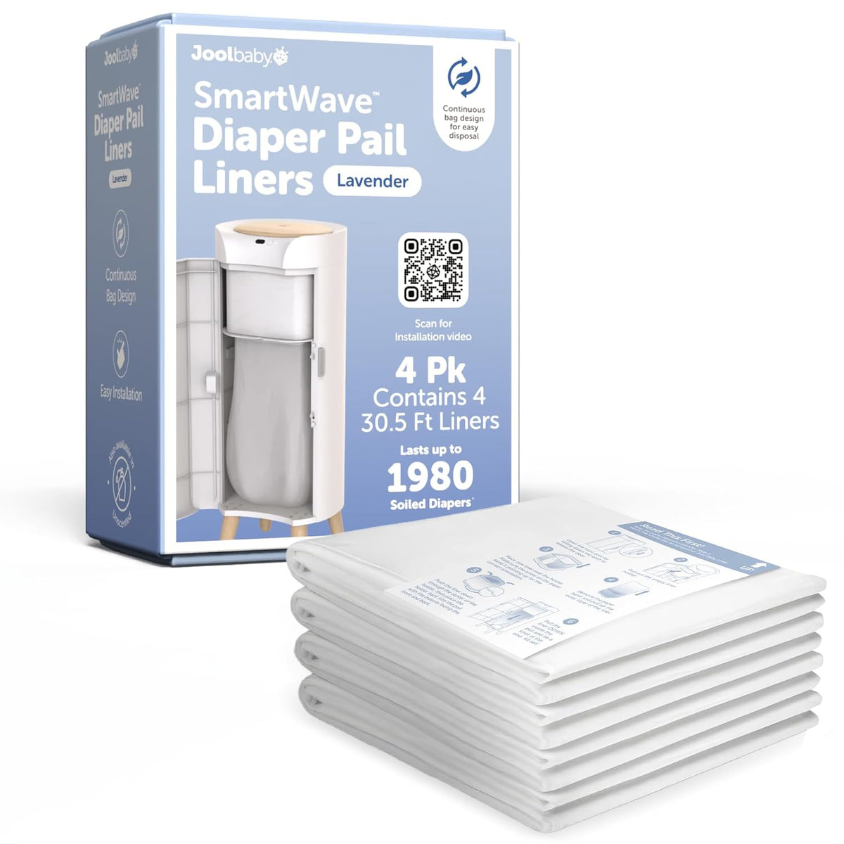 SMARTWAVE Diaper Pail Refill Liners (4-Pack) – Continuous Liner System - Lavender Scent, Lasts Up to 1980 Diapers