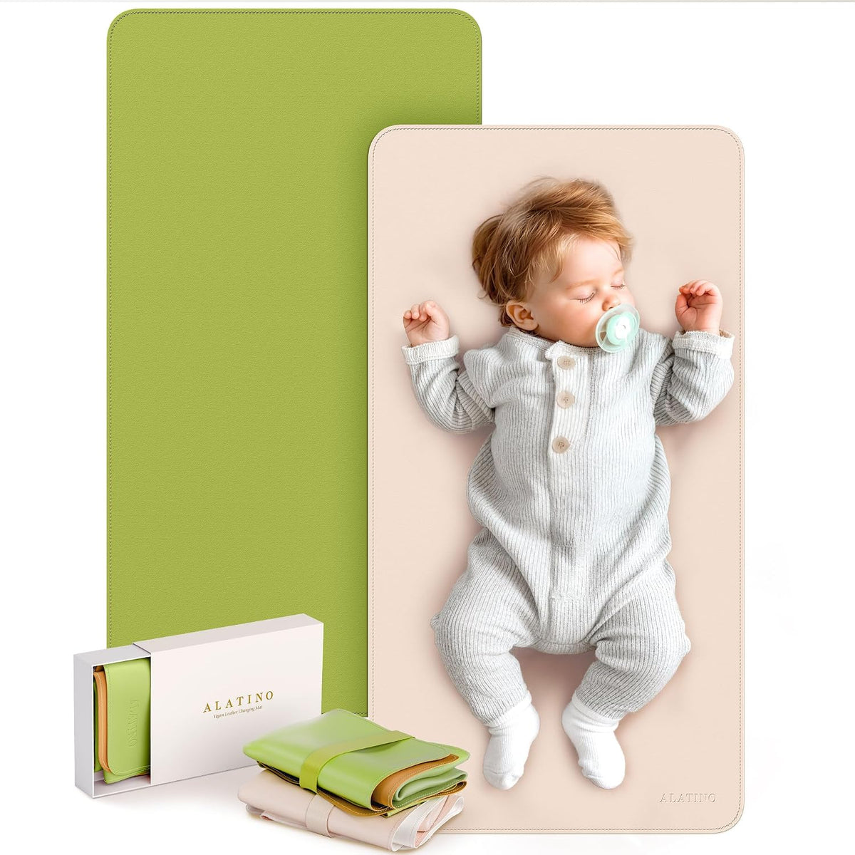2 Pack Vegan Leather Baby Changing Mat, Large 30" x 17" Waterproof Foldable Diaper Mat, Wipe-Clean Portable Changing Pad for Travel, Home & Diaper Bag, Baby Shower Gifts for New Moms (Beige & Brown)