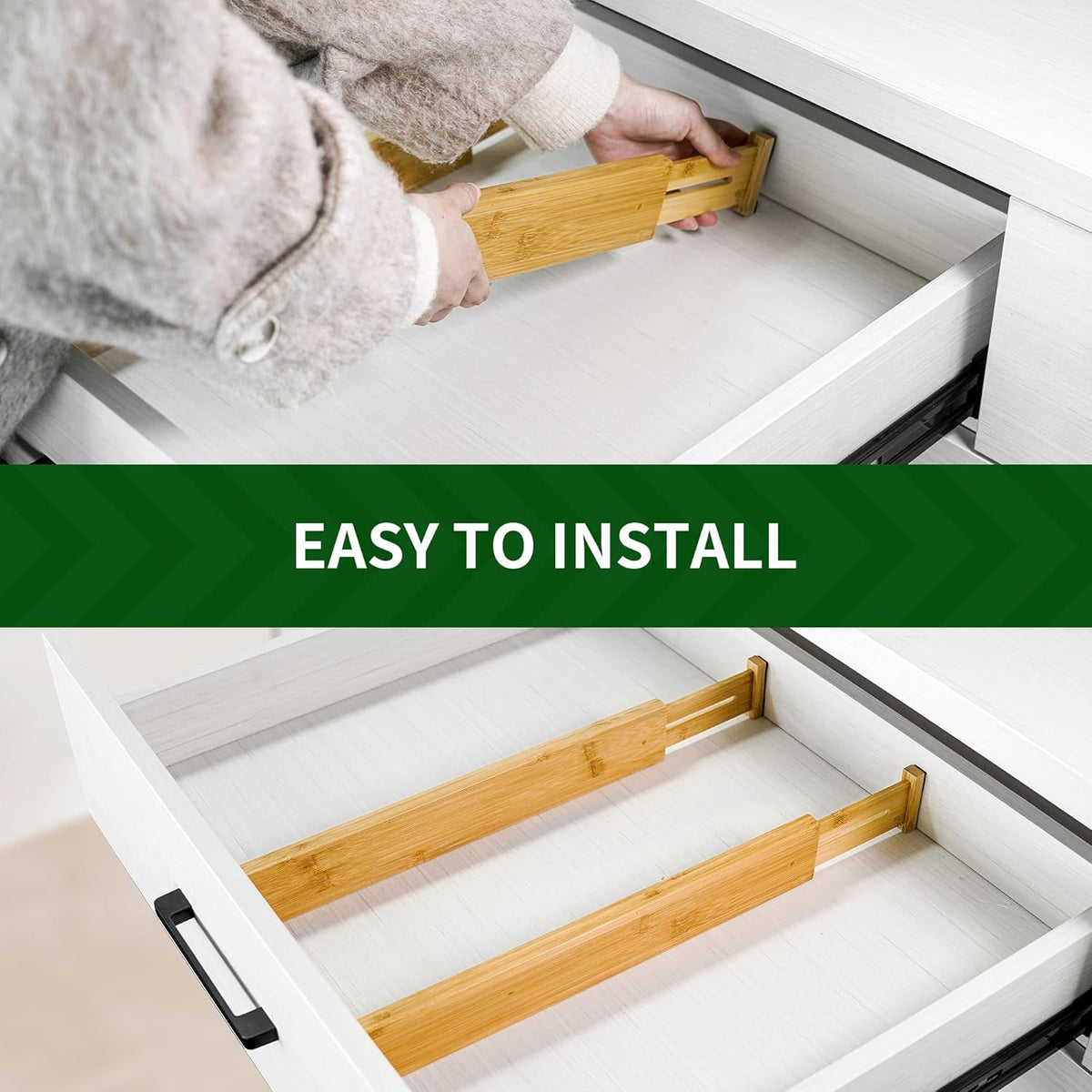 VaeFae Bamboo Drawer Dividers, 4" High Adjustable 16.6" - 21.8" Clothes Drawer Organizers, Expandable Separators for Bedroom/Bathroom/Kitchen/Office Storage