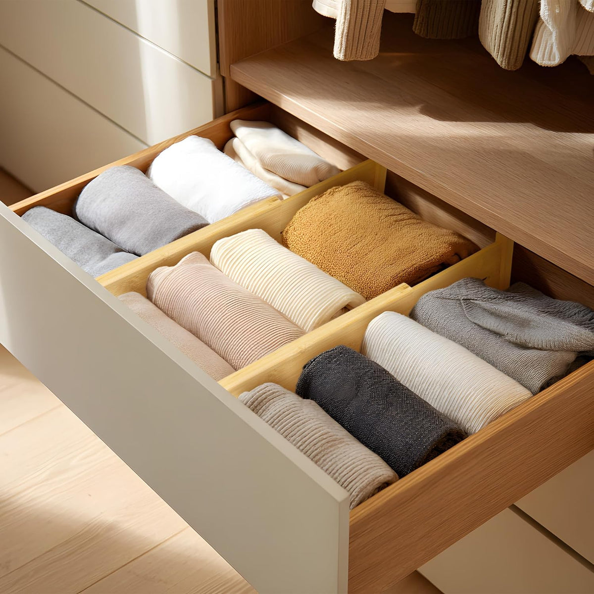 VaeFae Bamboo Drawer Dividers, 4" High Adjustable 16.6" - 21.8" Clothes Drawer Organizers, Expandable Separators for Bedroom/Bathroom/Kitchen/Office Storage
