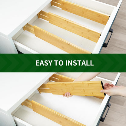 VaeFae Bamboo Drawer Dividers, 4" High Adjustable 16.6" - 21.8" Clothes Drawer Organizers, Expandable Separators for Bedroom/Bathroom/Kitchen/Office Storage