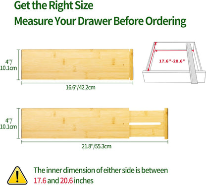 VaeFae Bamboo Drawer Dividers, 4" High Adjustable 16.6" - 21.8" Clothes Drawer Organizers, Expandable Separators for Bedroom/Bathroom/Kitchen/Office Storage