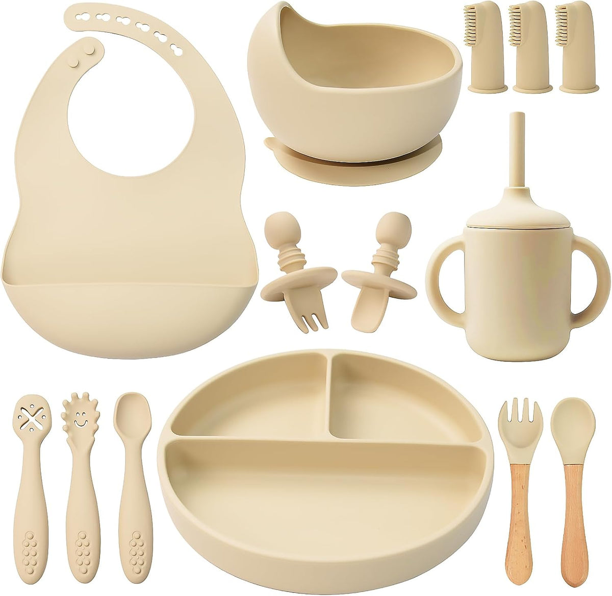 Silicone Baby Feeding Set 14 Pcs, Baby Led Weaning Set, 6M+, Beige