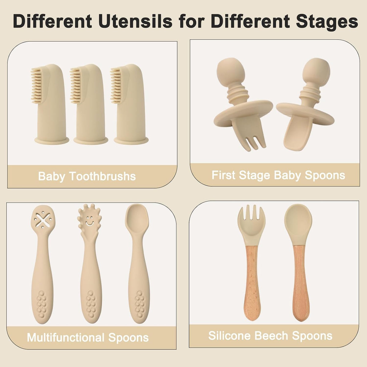 Silicone Baby Feeding Set 14 Pcs, Baby Led Weaning Set, 6M+, Beige