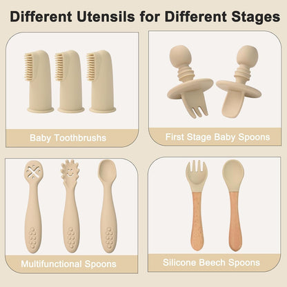 Silicone Baby Feeding Set 14 Pcs, Baby Led Weaning Set, 6M+, Beige