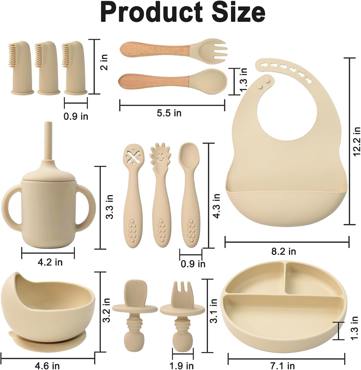 Silicone Baby Feeding Set 14 Pcs, Baby Led Weaning Set, 6M+, Beige