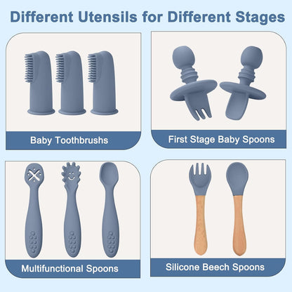 Silicone Baby Feeding Set 14 Pcs, Baby Led Weaning Set, 6M+, Beige