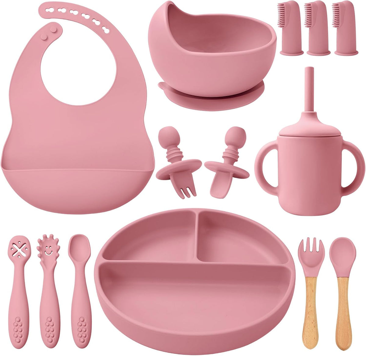 Silicone Baby Feeding Set 14 Pcs, Baby Led Weaning Set, 6M+, Beige