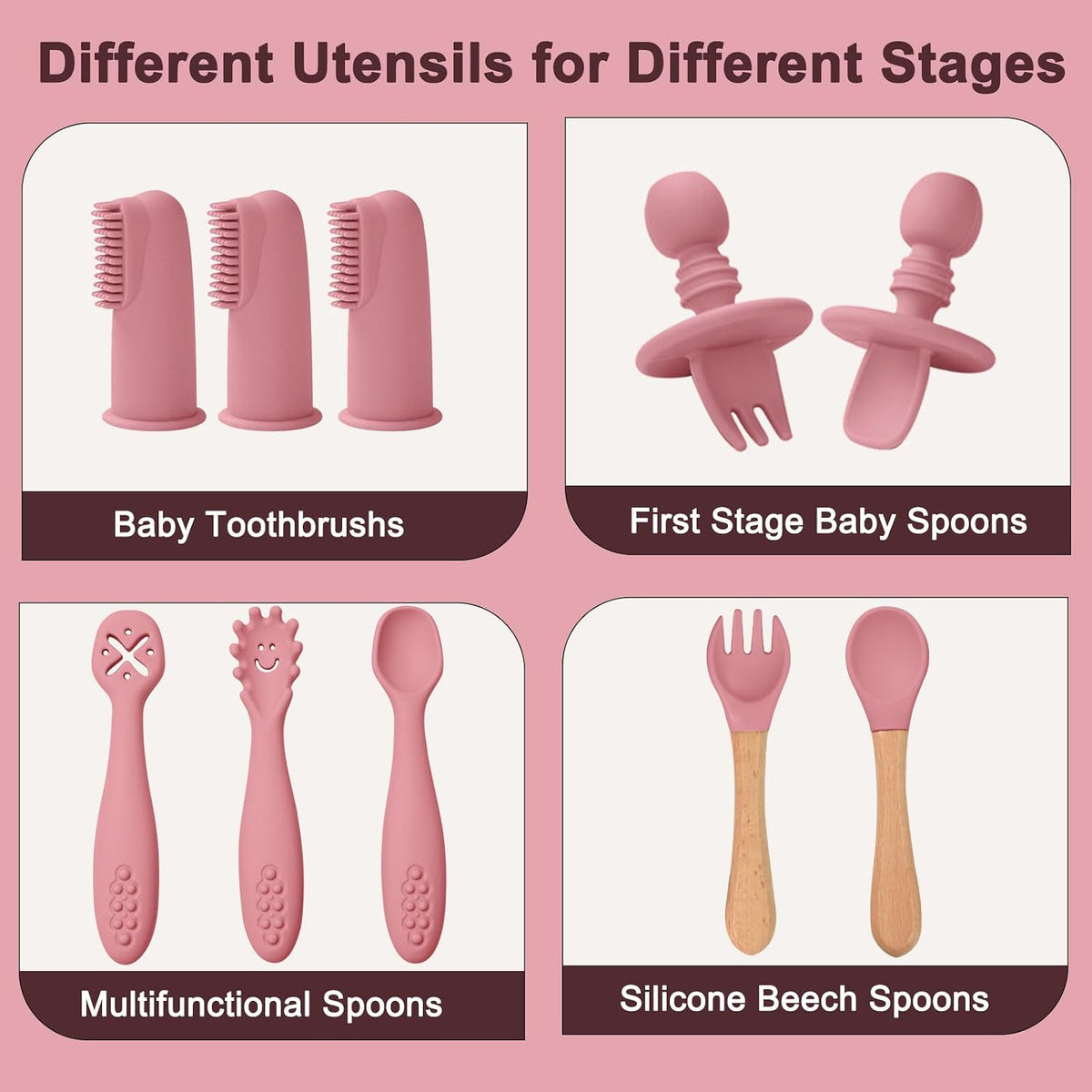 Silicone Baby Feeding Set 14 Pcs, Baby Led Weaning Set, 6M+, Beige