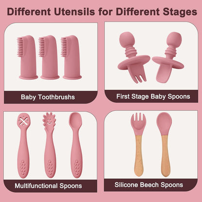 Silicone Baby Feeding Set 14 Pcs, Baby Led Weaning Set, 6M+, Beige