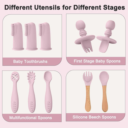 Silicone Baby Feeding Set 14 Pcs, Baby Led Weaning Set, 6M+, Beige