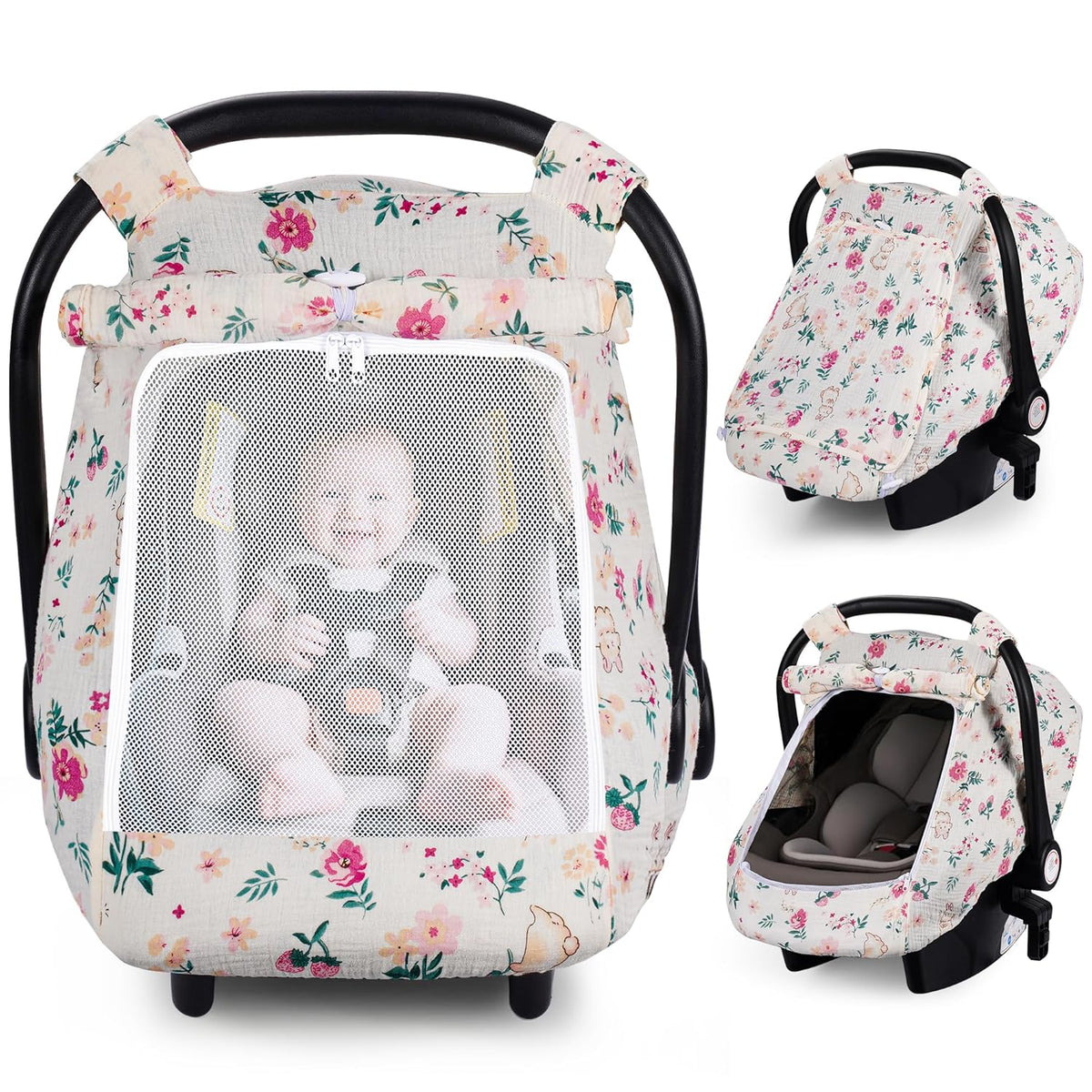Baby Car Seat Cover Girl, Muslin Mesh Window Infant Carseat Canopy