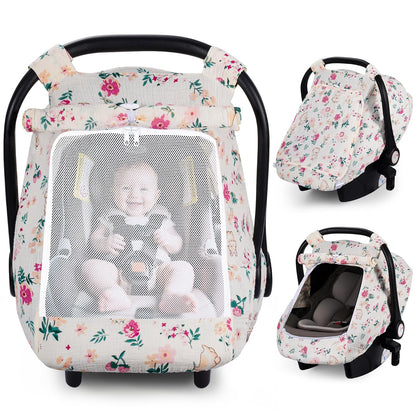 Baby Car Seat Cover Girl, Muslin Mesh Window Infant Carseat Canopy