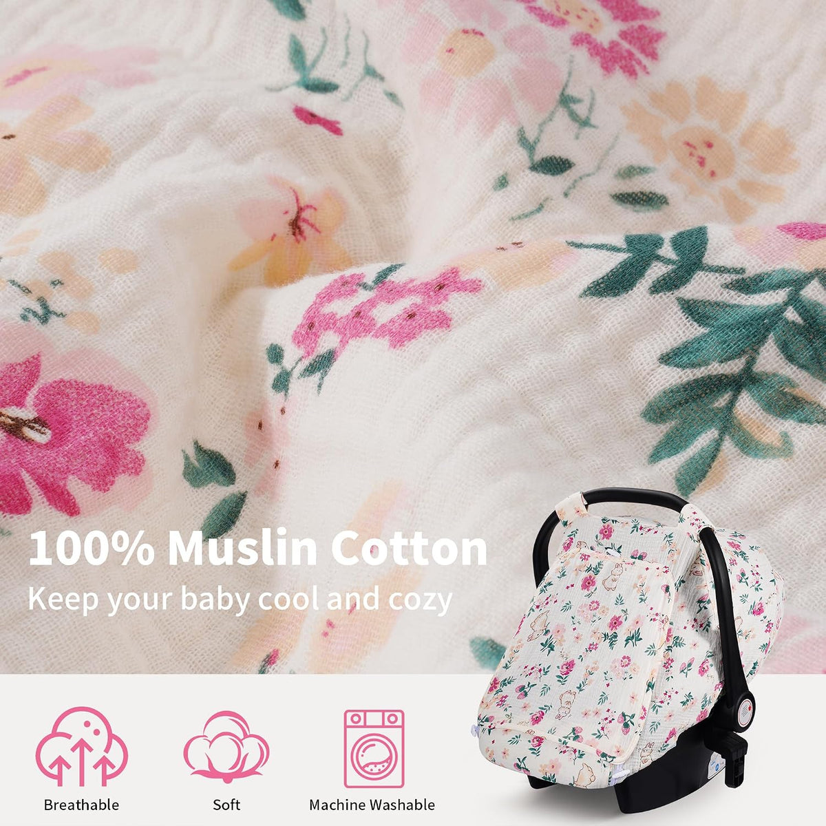 Baby Car Seat Cover Girl, Muslin Mesh Window Infant Carseat Canopy