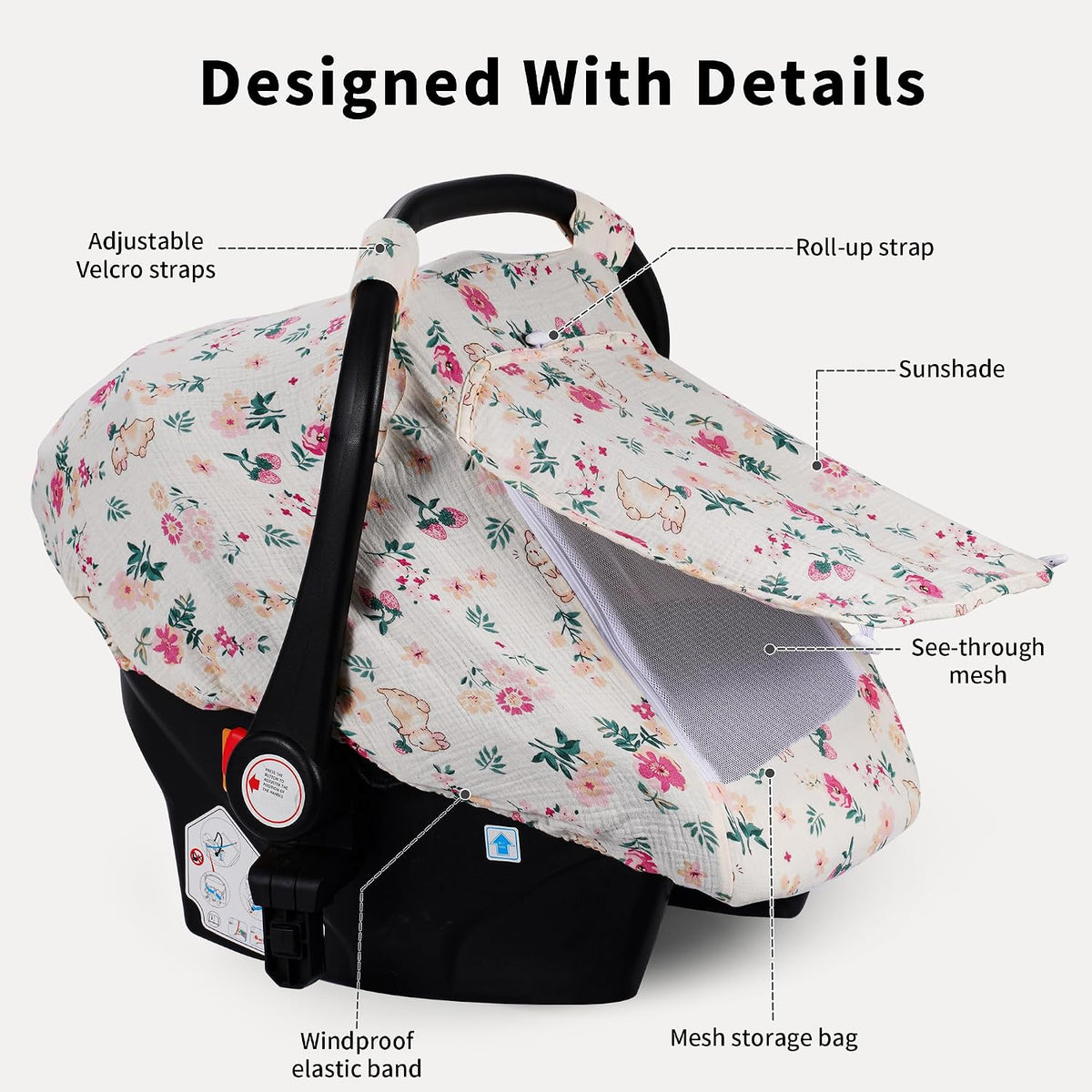 Baby Car Seat Cover Girl, Muslin Mesh Window Infant Carseat Canopy