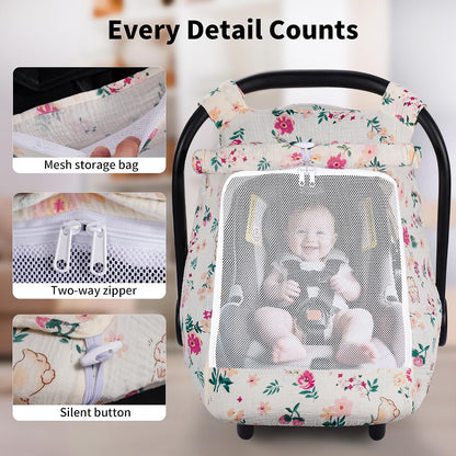 Baby Car Seat Cover Girl, Muslin Mesh Window Infant Carseat Canopy