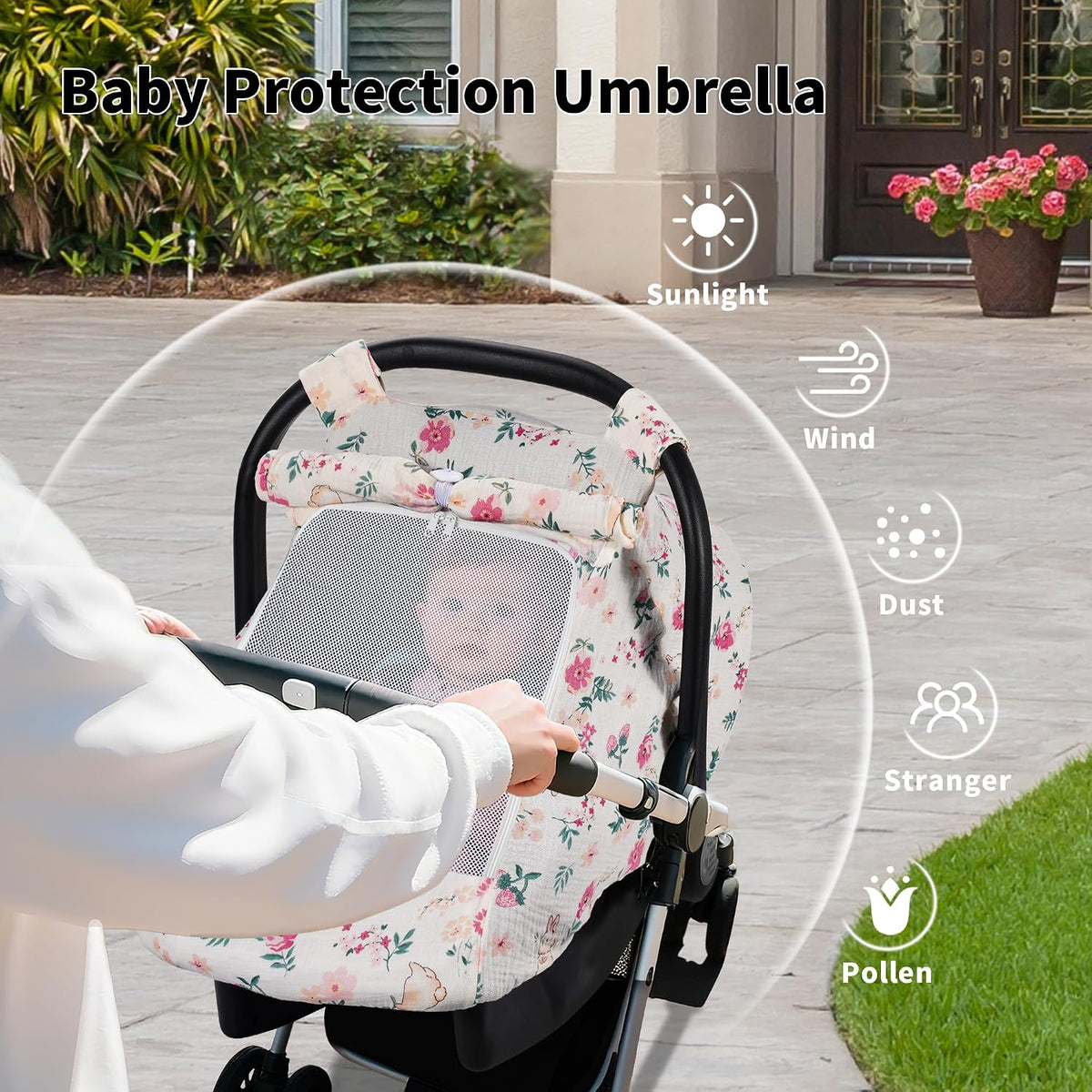 Baby Car Seat Cover Girl, Muslin Mesh Window Infant Carseat Canopy