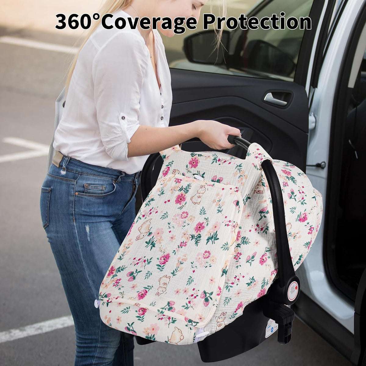 Baby Car Seat Cover Girl, Muslin Mesh Window Infant Carseat Canopy