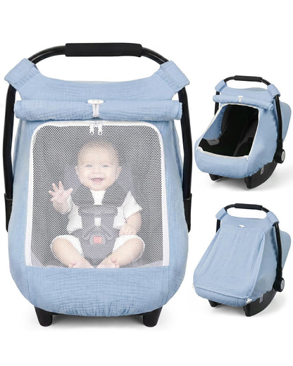 Baby Car Seat Cover Girl, Muslin Mesh Window Infant Carseat Canopy