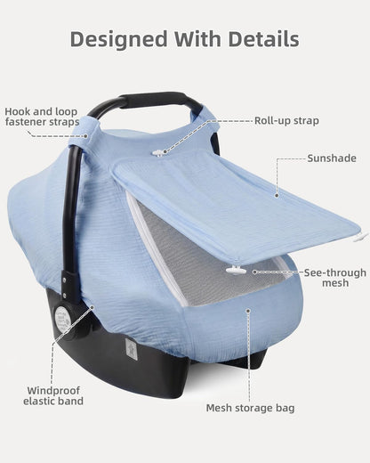 Baby Car Seat Cover Girl, Muslin Mesh Window Infant Carseat Canopy