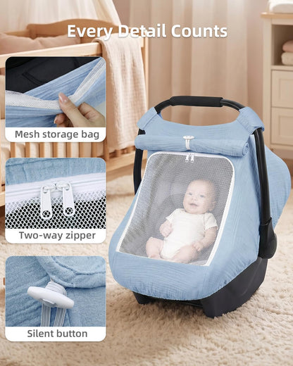 Baby Car Seat Cover Girl, Muslin Mesh Window Infant Carseat Canopy