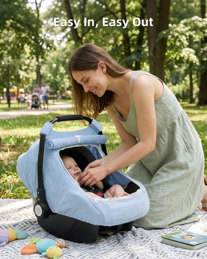 Baby Car Seat Cover Girl, Muslin Mesh Window Infant Carseat Canopy