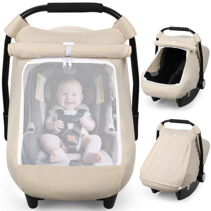 Baby Car Seat Cover Girl, Muslin Mesh Window Infant Carseat Canopy
