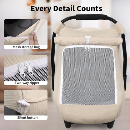 Baby Car Seat Cover Girl, Muslin Mesh Window Infant Carseat Canopy