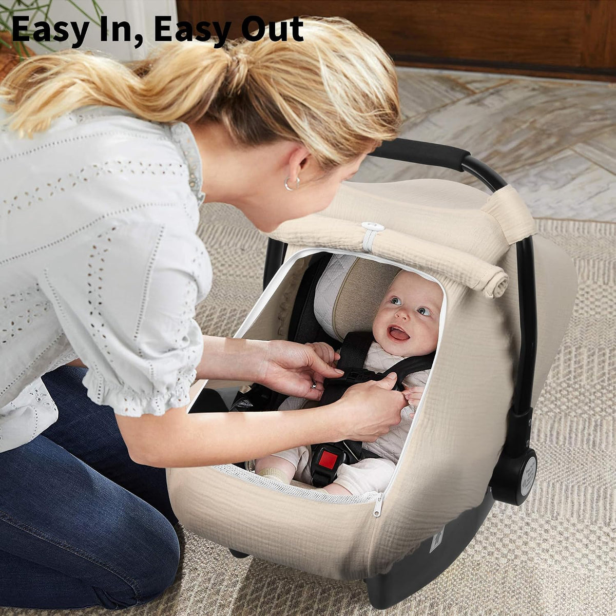 Baby Car Seat Cover Girl, Muslin Mesh Window Infant Carseat Canopy