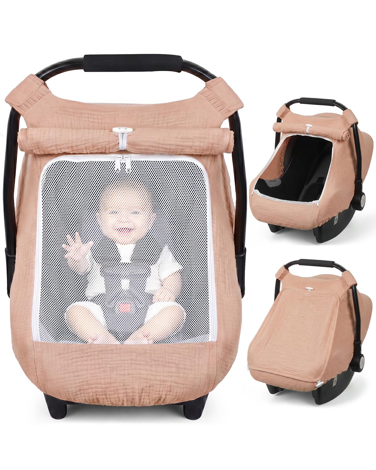 Baby Car Seat Cover Girl, Muslin Mesh Window Infant Carseat Canopy