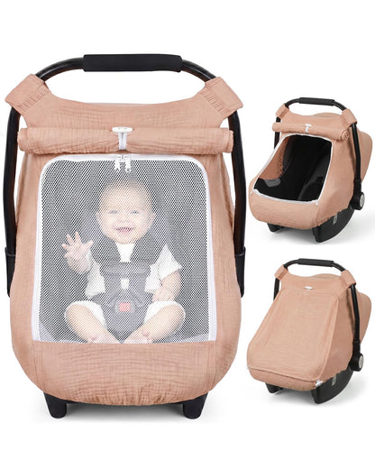 Baby Car Seat Cover Girl, Muslin Mesh Window Infant Carseat Canopy