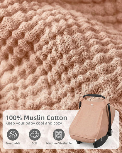 Baby Car Seat Cover Girl, Muslin Mesh Window Infant Carseat Canopy