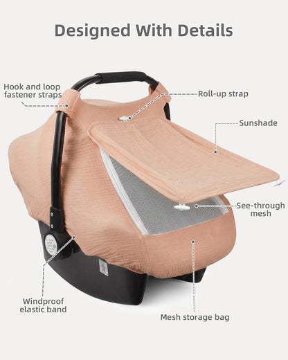 Baby Car Seat Cover Girl, Muslin Mesh Window Infant Carseat Canopy