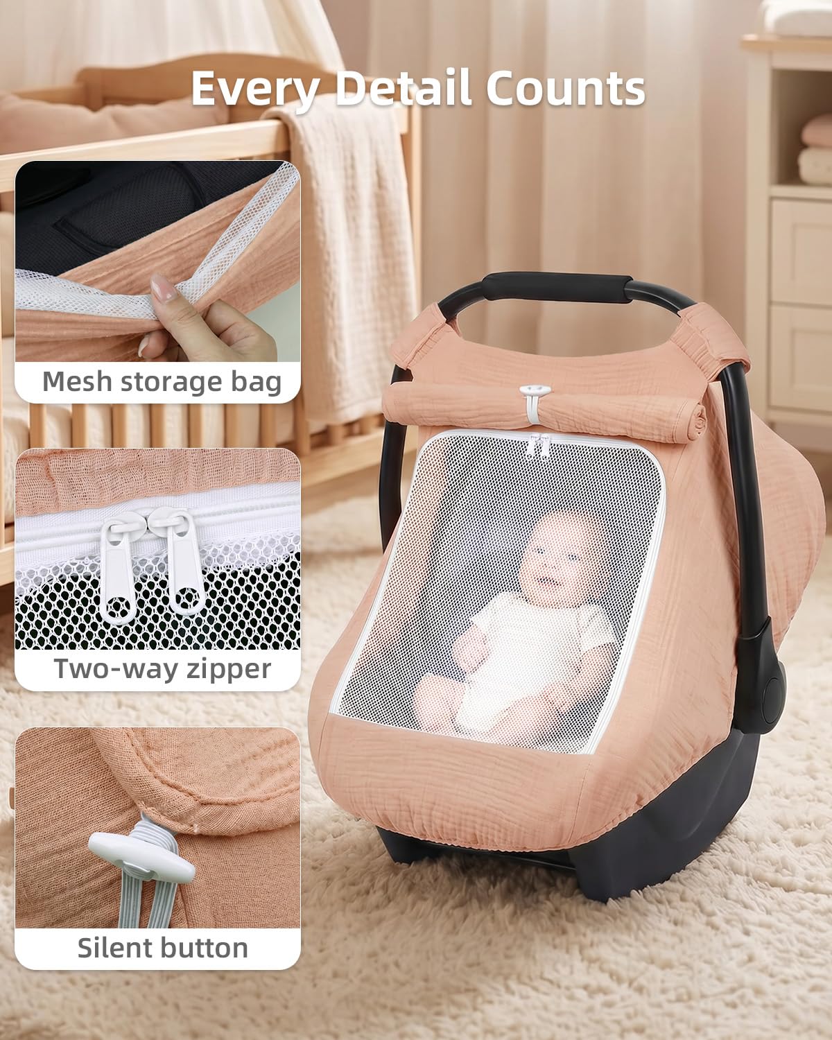 Baby Car Seat Cover Girl, Muslin Mesh Window Infant Carseat Canopy