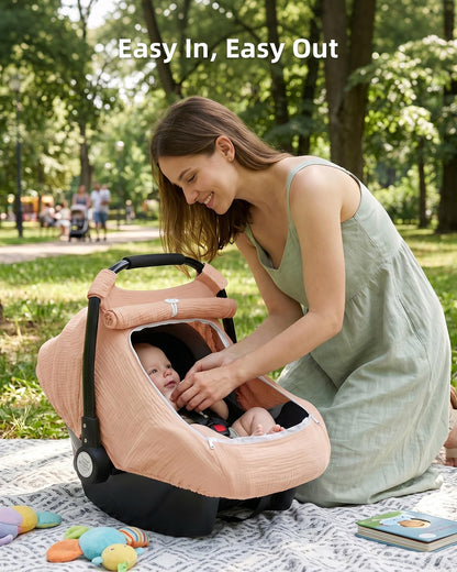 Baby Car Seat Cover Girl, Muslin Mesh Window Infant Carseat Canopy